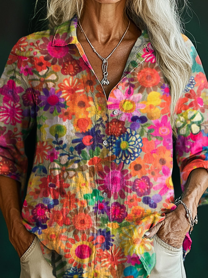 Women's Painting Floral Art Print Casual Cotton Shirt