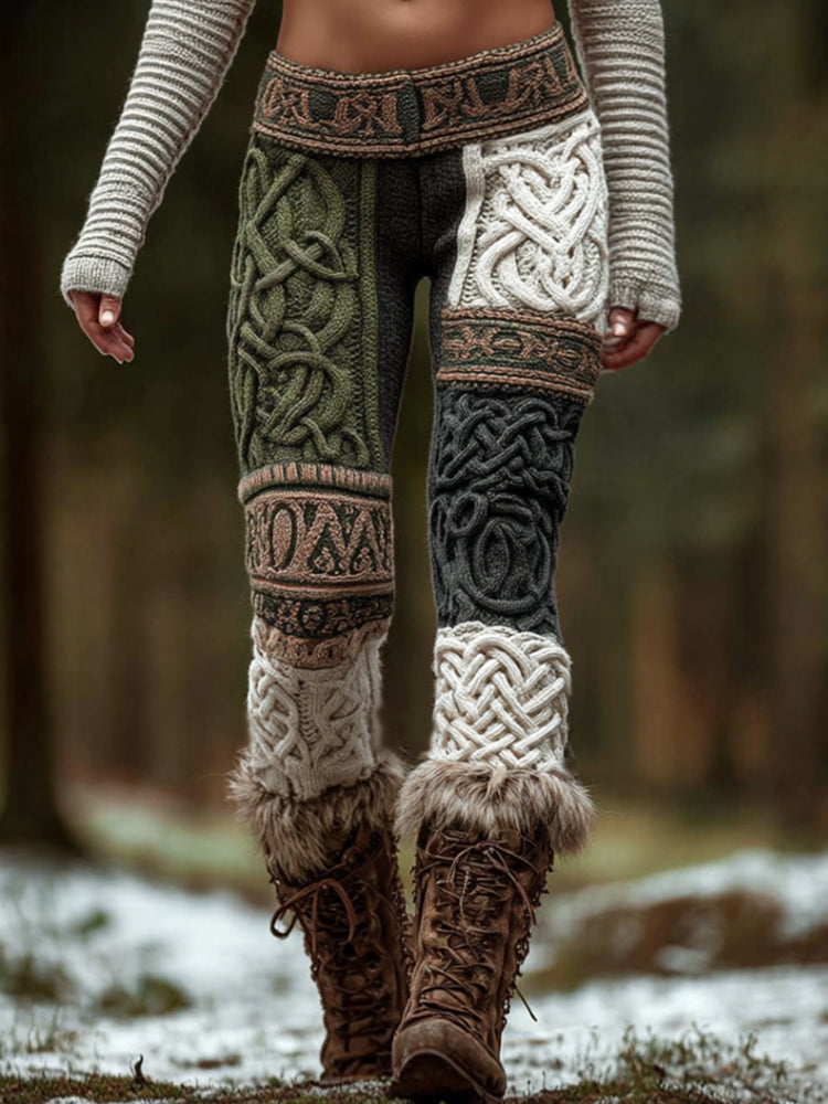 Women's Viking Style Celtic Knot Viking Symbol Multi-color Patchwork Leggings elevenforest