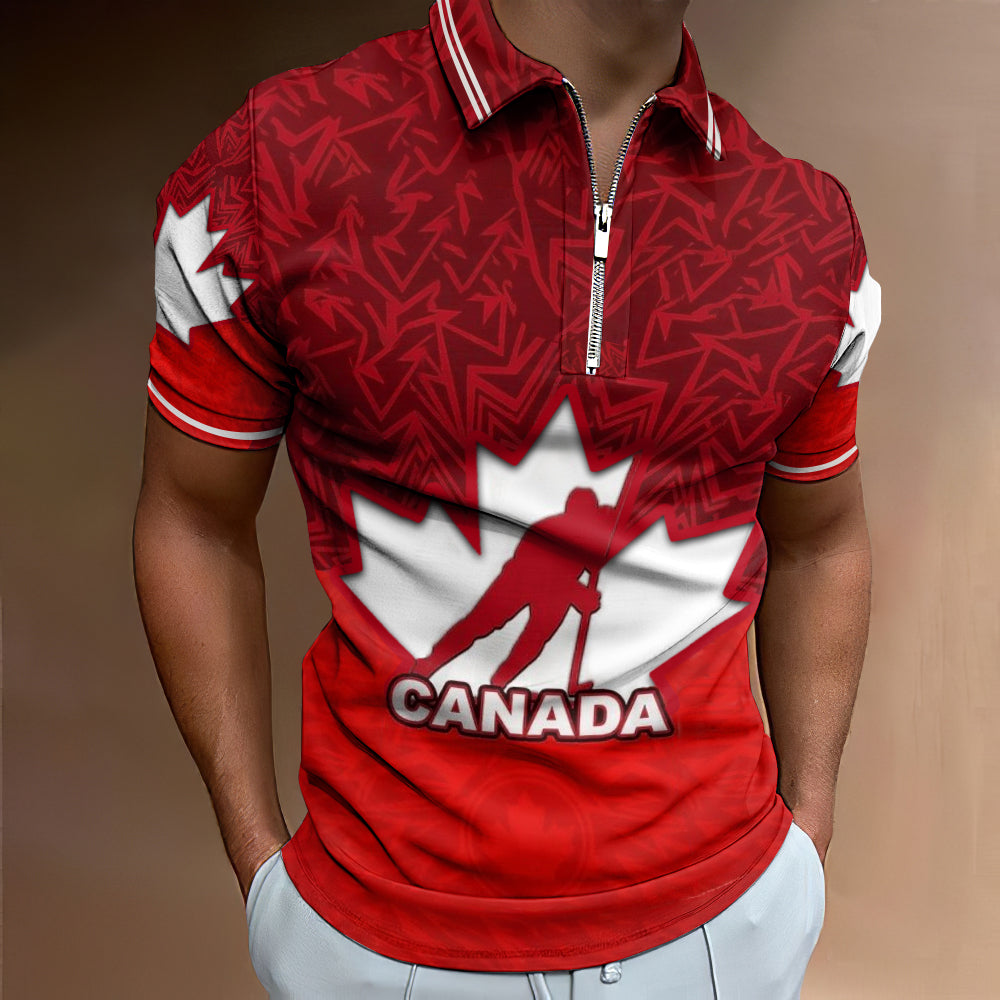 Men's Canada Hockey 2025 Canada Flag Inspired Print Zip-up Polo Shirt elevenforest