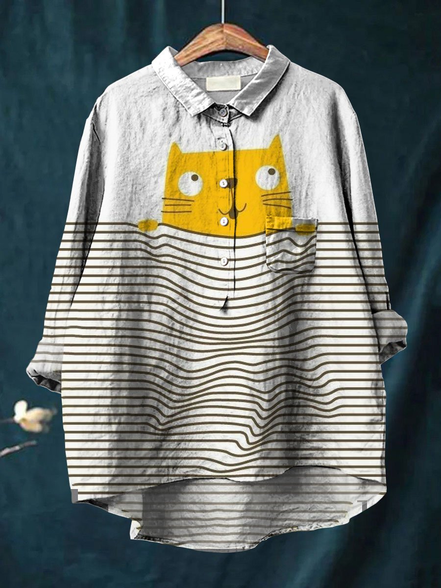 Women's Cat Print Casual Cotton And Linen Shirt