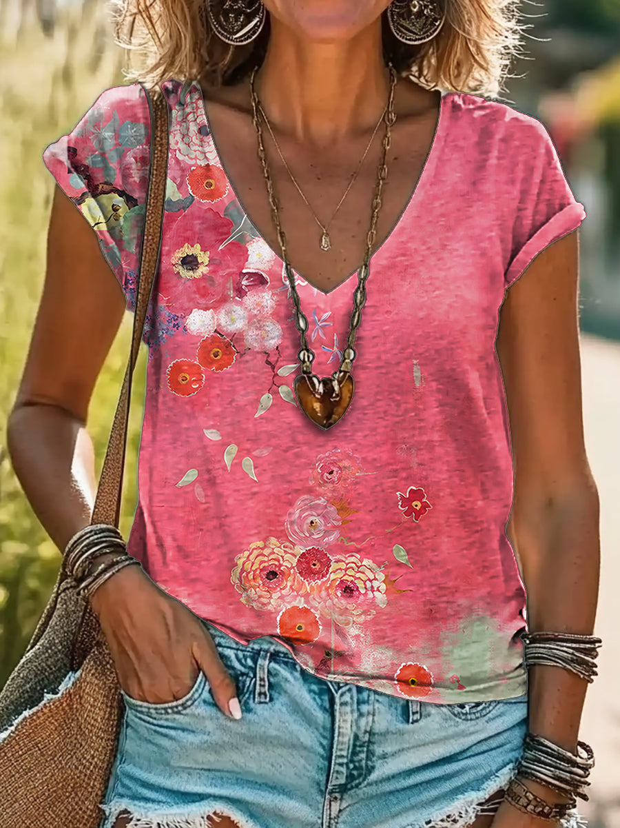 Print 100%Cotton V-neck T-Shirt