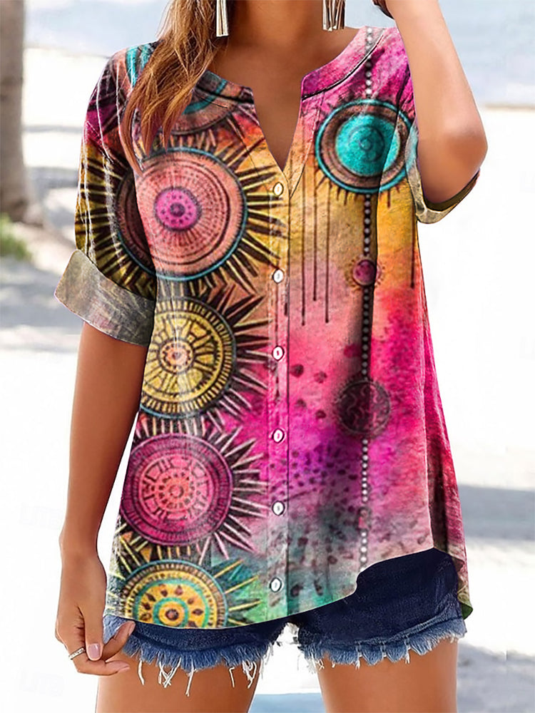 Women's Mandala Pattern Art Print Cotton Linen Casual Shirt