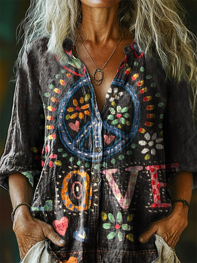 Women's Hippie Love Art Print Casual Cotton Linen Shirt