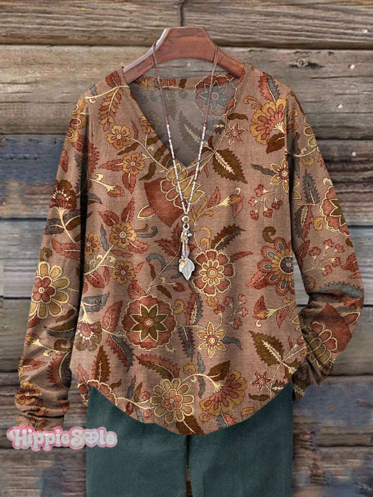 Women's Vintage Floral Art Print Casual V-neck Long Sleeve T-shirt