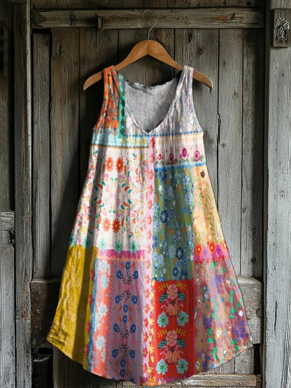 Women's Bohemian Floral Collage Pattern Print V-neck Pocket Cotton Dre