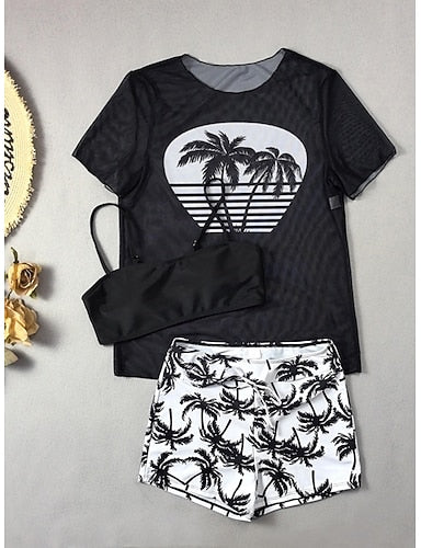 Swimwear One Piece Bikini Shorts Swimsuit Drawstring Vacation Beach Wear Graphic Round Neck Long Sleeve Bathing Suits
