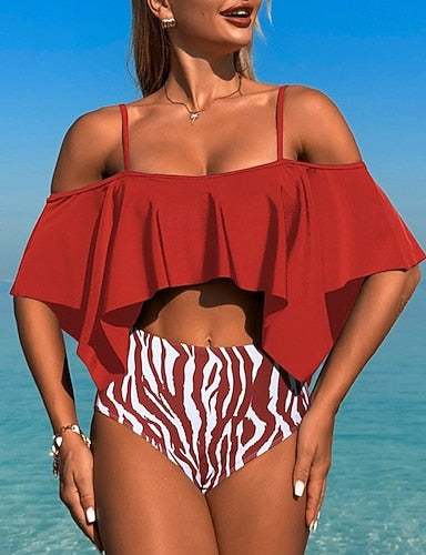 Tankini Two Piece Swimsuit Ruffle Swimwear Swimwear Black Brown Breathable Quick Dry Lightweight Sleeveless - Swimming Surfing Beach Summer Spring
