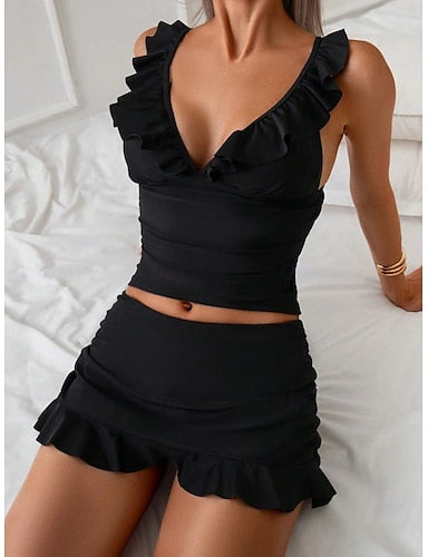 Swimwear Tankini 2 Piece Skirt Swimsuit Ruffle Tummy Control High Waist Slim Backless Vacation Beach Wear Color V Neck Sleeveless Bathing Suits