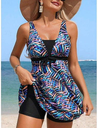 Tankini 2 Piece Swimsuit With Skirt Palm Dress Backless Vacation Beach Wear Graphic Tropical V Neck Sleeveless Bathing Suits