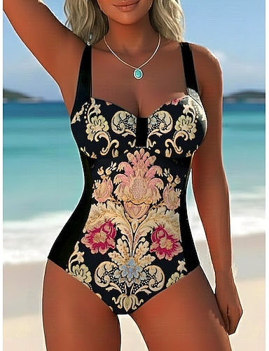 One Piece Swimsuit Slimming Underwire Briefs Vacation Graphic Paisley V Neck Sleeveless Bathing Suits