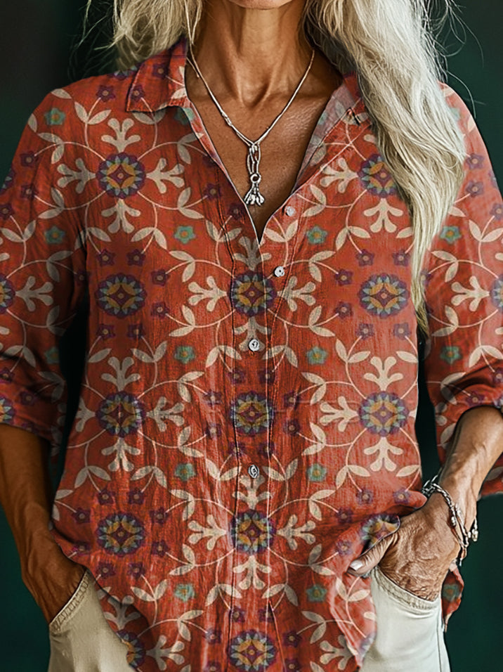 Women's Vintage Bohemian Floral Art Pattern Print Casual Cotton Shirt