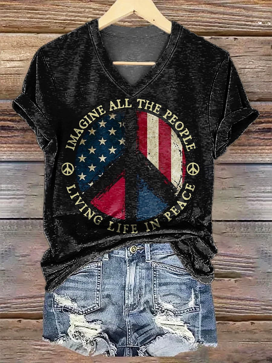 Women's Hippie Peace Patriotic Flag Print V-neck Casual T-Shirt