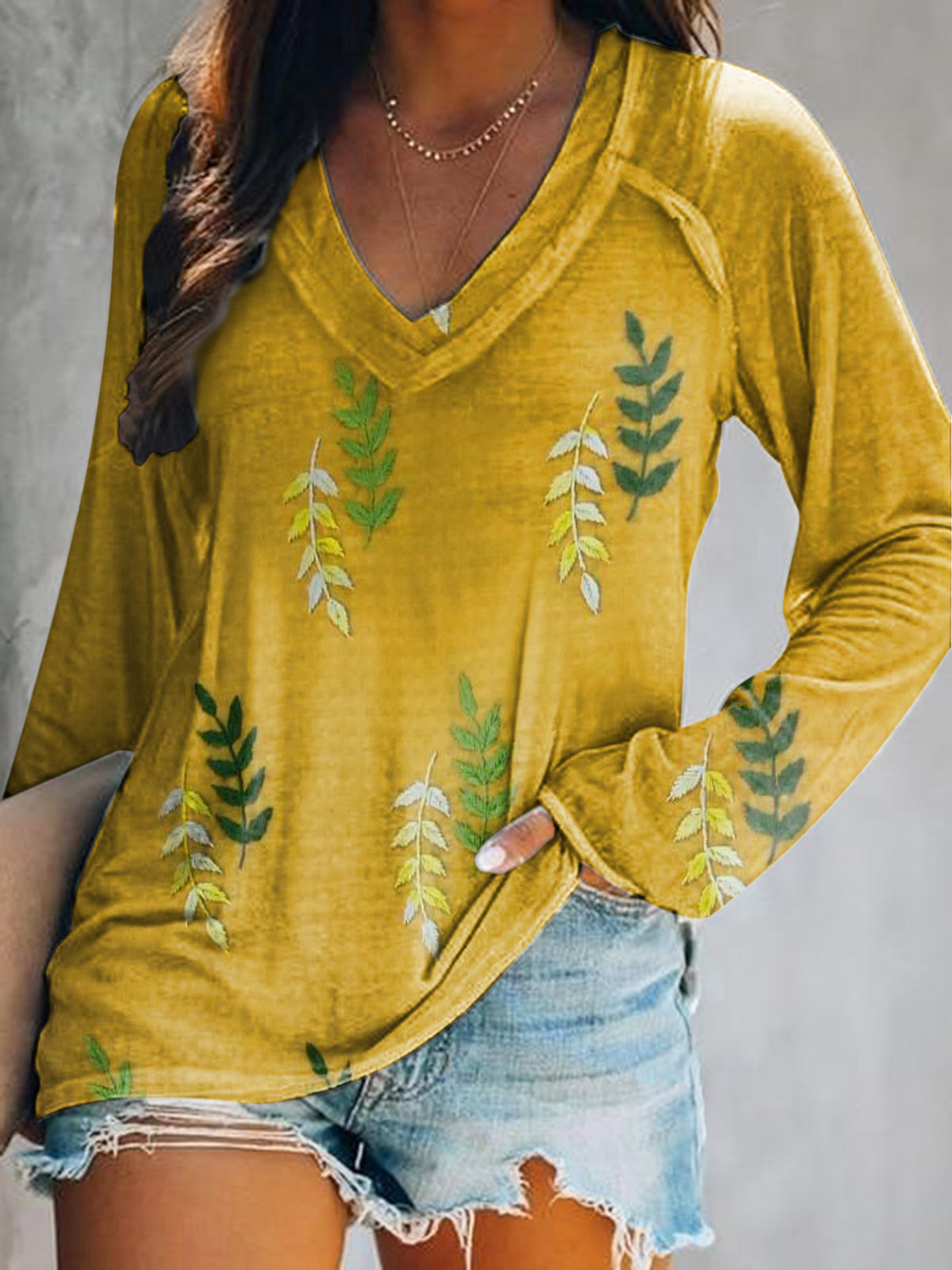 Women's Vintage Floral Art Print Casual V Neck Long Sleeve Tops