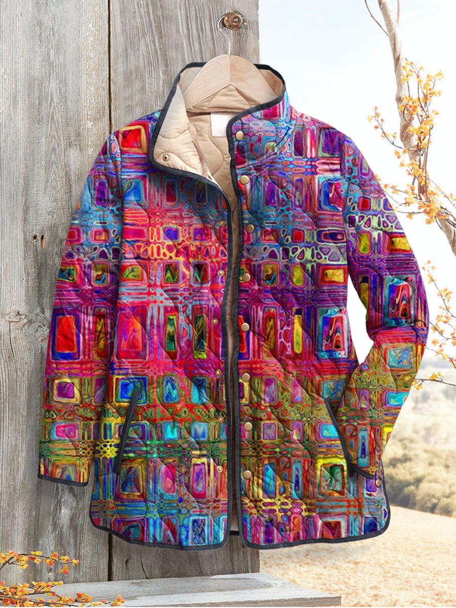 Women's Retro Art Print Casual Quilted Cardigan