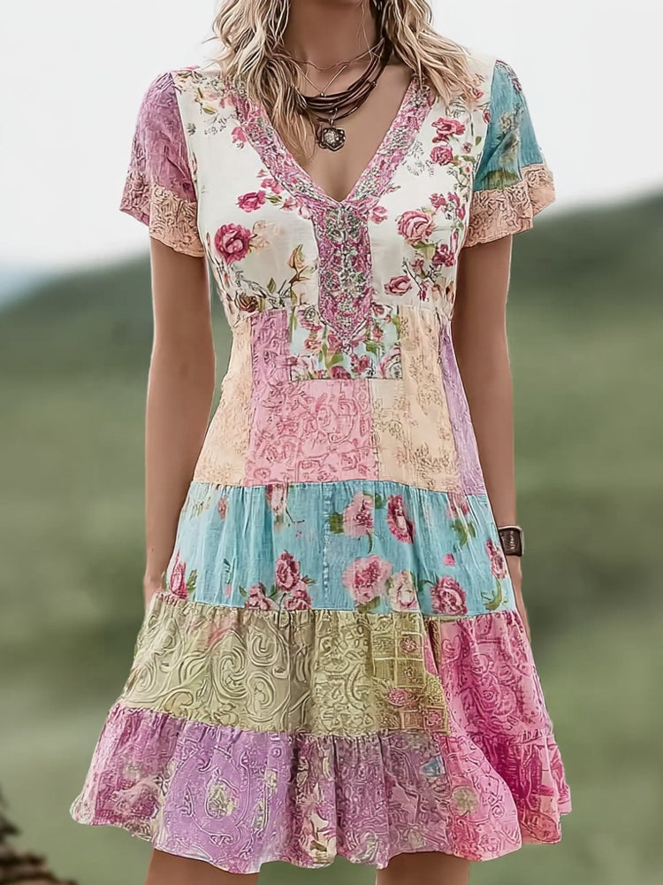 Vintage Boho Floral Patchwork Comfy Linen Midi Dress elevenforest