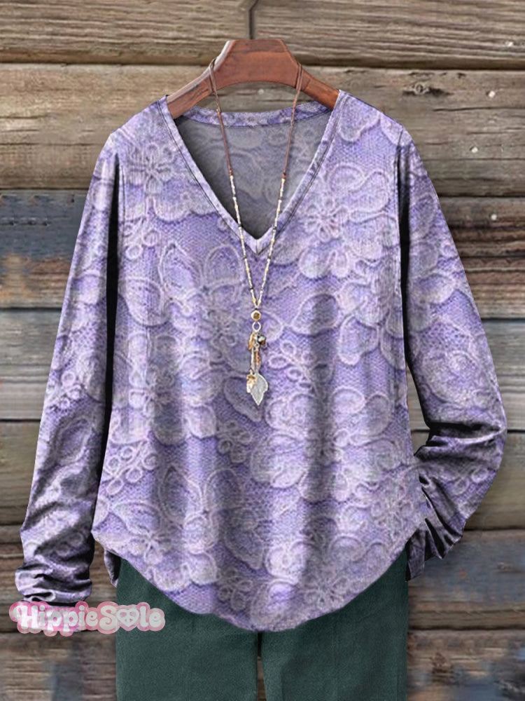 Women's Vintage Lace Floral Art Print 100% Cotton Casual V-neck Long S