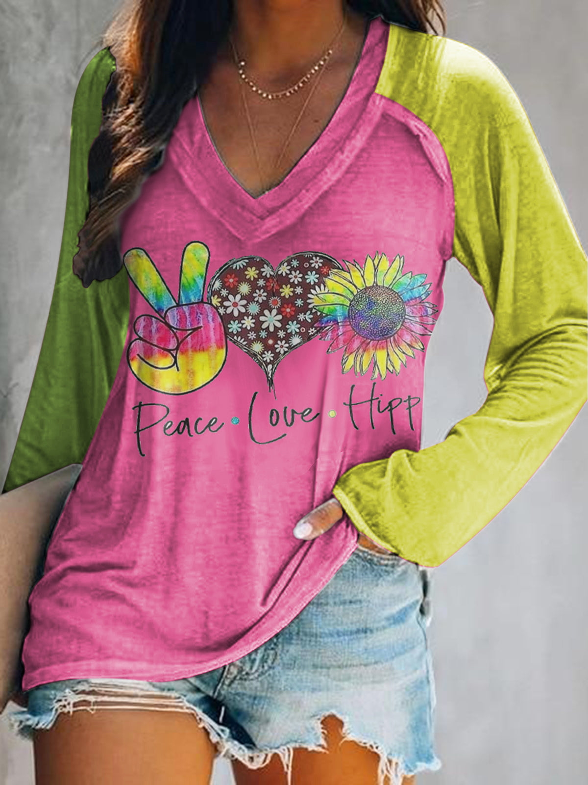Women's Hippie Art Painting Vintage Print V-Neck Long Sleeve