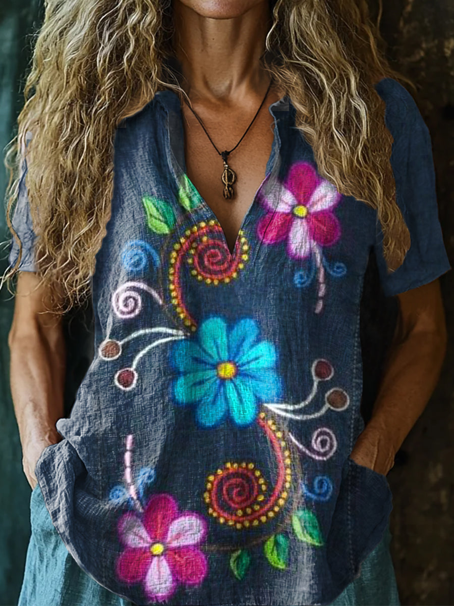 Women's Bohemian Floral Art Print Casual Short Sleeve Comfortable Cott