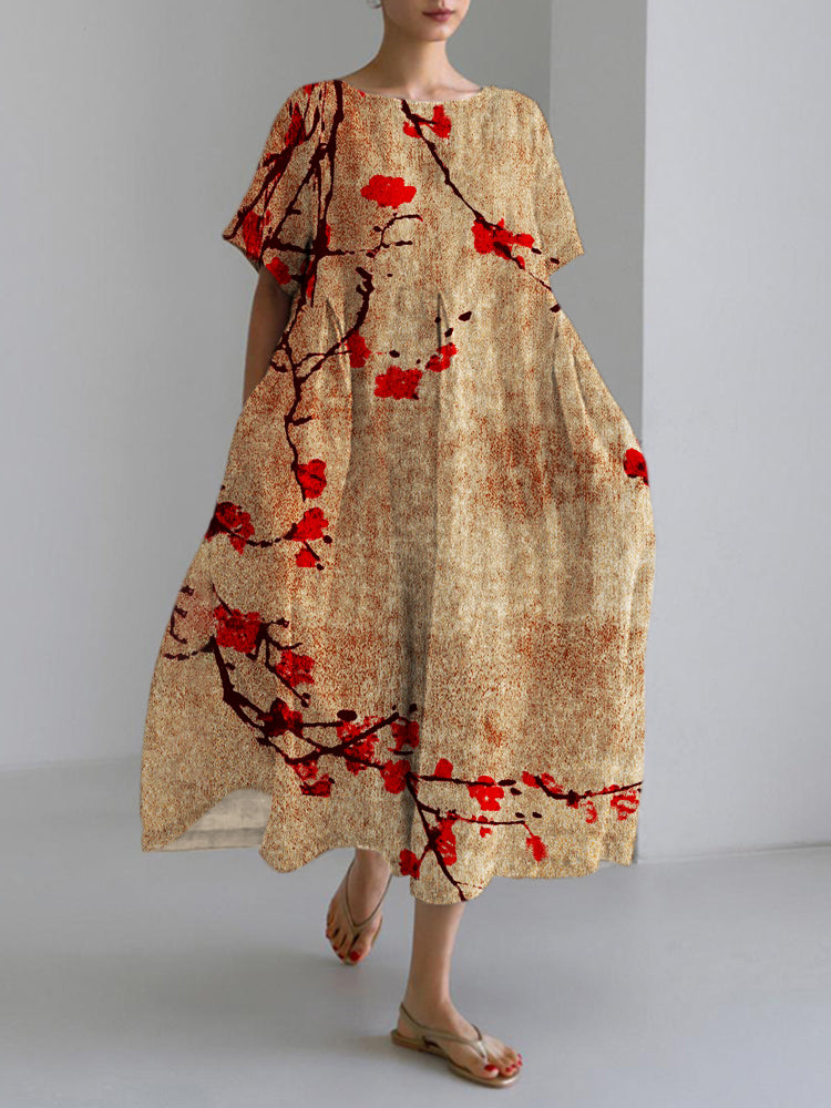 Japanese Ink Vintage Floral Pattern Women's Linen Long Dress