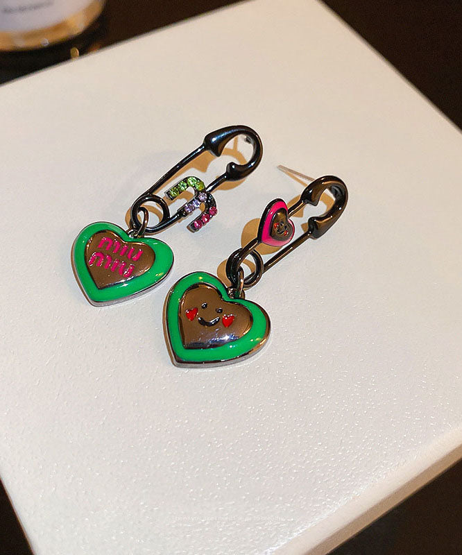Green Alloy Zircon Graphic Love Drip Glaze Drop Earrings