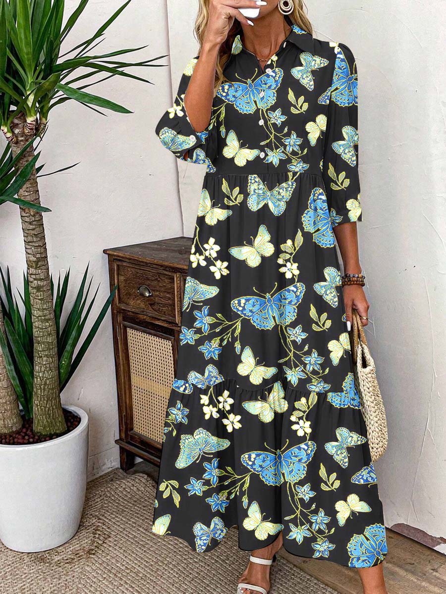 Women's Buterfly Pattern Cotton and Linen Dress