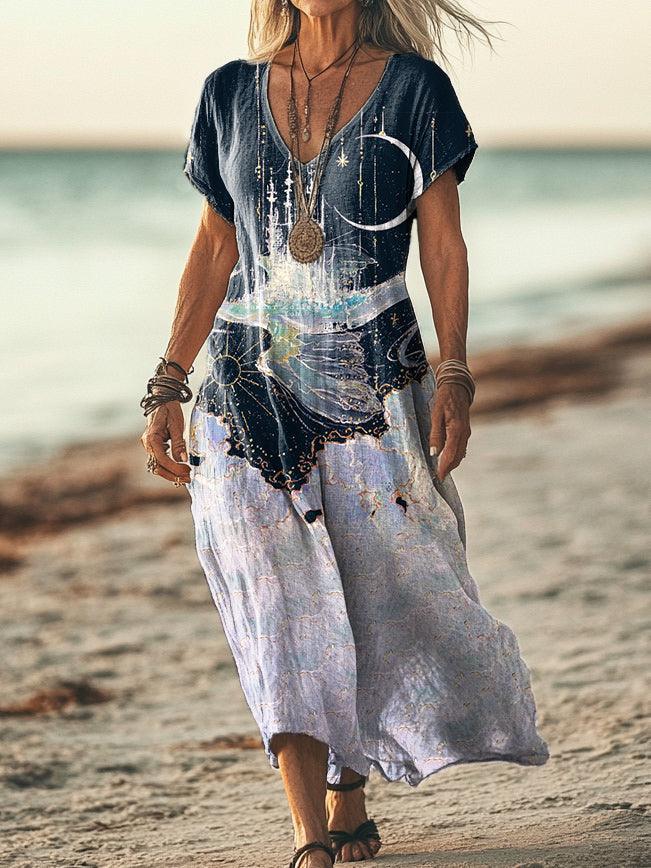 Women's Star Pattern Art Print Pocket Cotton Dress