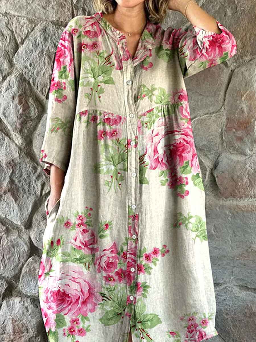 Women's Shirt Style Elegant Simple Rose Floral Pattern Cotton And Line
