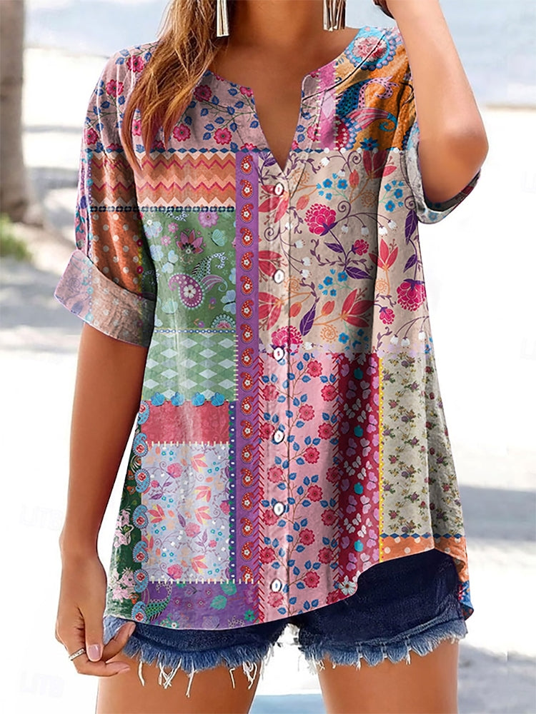 Women's Floral Pattern Art Print Casual Cotton Linen Short Sleeve Shir