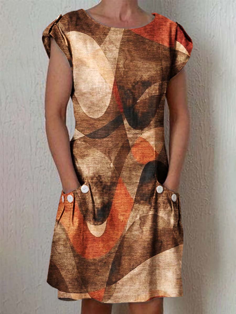 Women's Classic Art Color Block Pattern Vintage Cotton and Linen Dress with Pockets