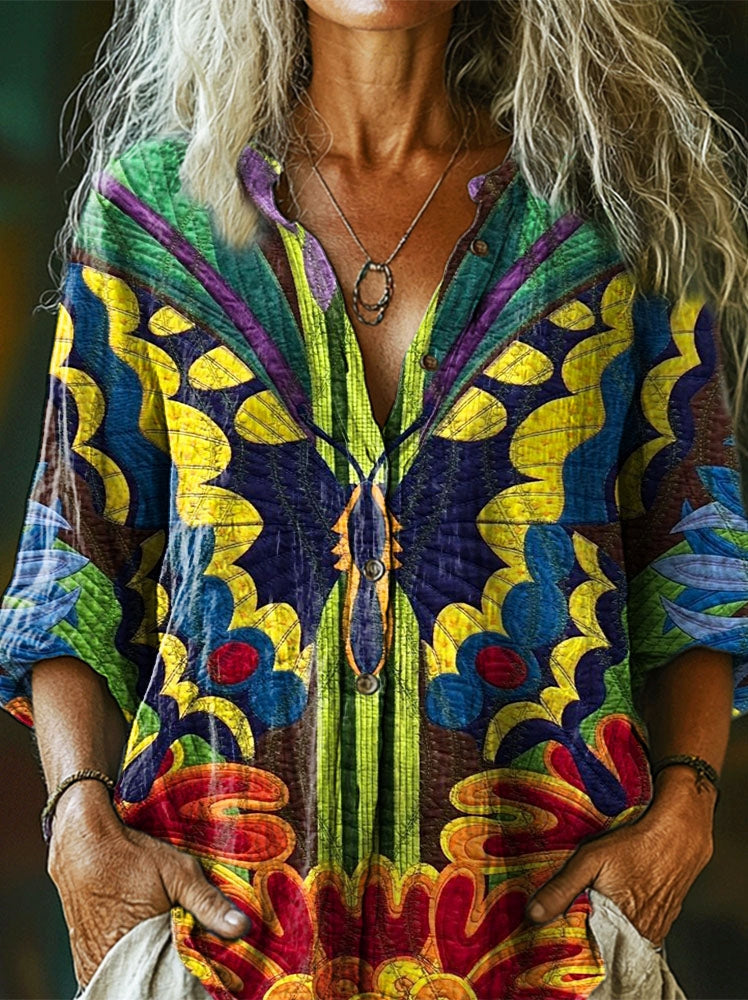 Women's Colorful Butterfly Texture Art Print Casual Cotton Linen Shirt
