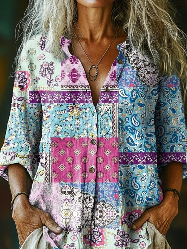 Women's Vintage Tattoo Pattern Art Print Casual Cotton Linen Shirt
