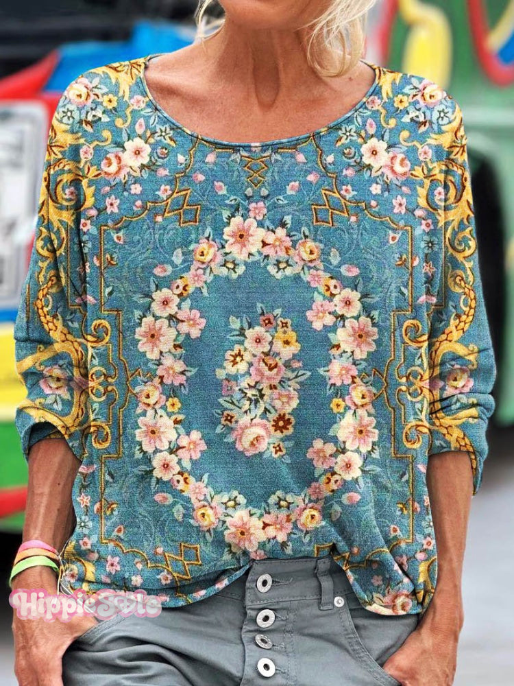 Women's Vintage Flower Pattern Art Print T-shirt