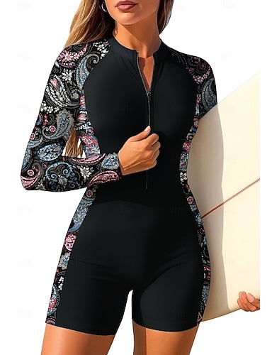 Regular Rash Guard One Piece Surfing Suit Bathing Suit Paisley Tropical Folk Zip Up With Built in Bra Removable Pad Uv Sun Protection Upf50+ Ultra Light (ul) Long Sleeve Swimwear Sun Shirt