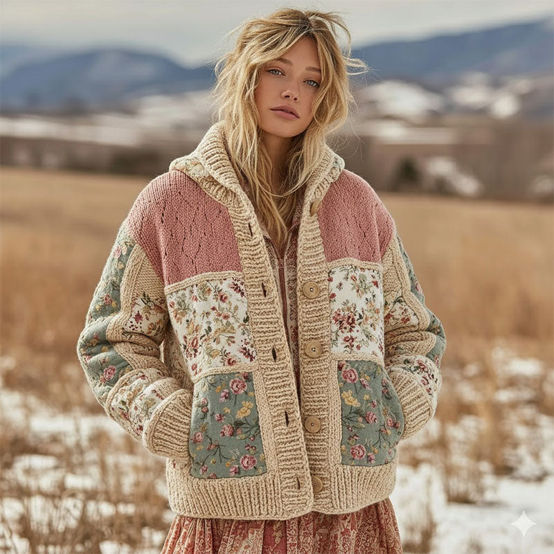 Women's Floral Patchwork Comfortable Hooded Knitted Sweater