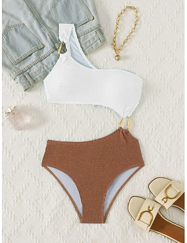 One Piece Swimsuit One Shoulder Monokini Tummy Control High Waist Slim Backless Vacation Beach Wear Color Asymmetric Neck Sleeveless Bathing Suits
