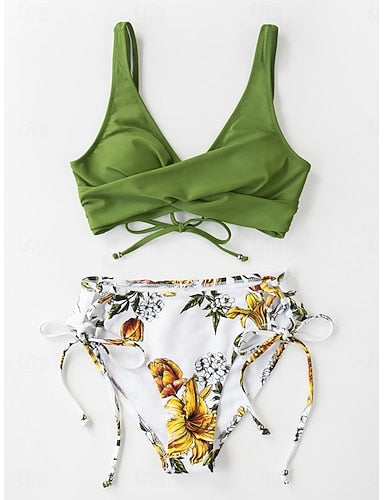 Bikini 2 Piece Swimsuit Tie Side Slim Backless Vacation Beach Wear V Neck Sleeveless Bathing Suits