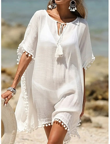 Mini Dress White Dress Beach Dress Cover Up Modern Daily Outdoor Beach Loose Fit Plain Short Sleeve Crew Neck White Summer Spring