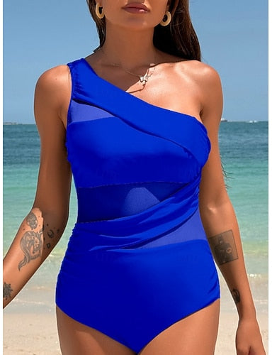 One Piece Swimsuit Ruched Monokini Mesh Tummy Control High Waist Slim Backless Vacation Color Halter Neck Sleeveless Bathing Suits
