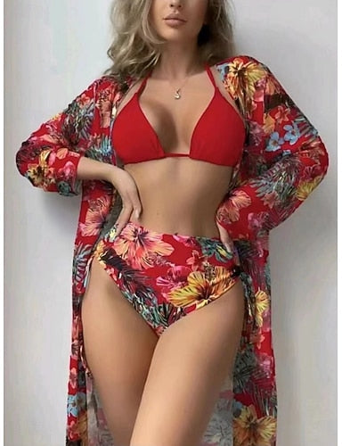 Swimwear Bikini Three Piece Briefs Swimsuit Slim Backless Vacation Beach Wear Halter Neck Long Sleeve Bathing Suits