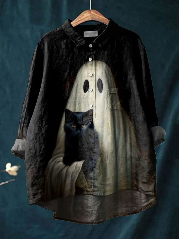 Women's Halloween Ghost Art Print Casual Cotton And Linen Shirt