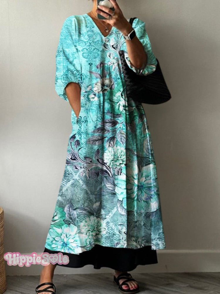 Art Print Pocket V-neck Cotton Dress