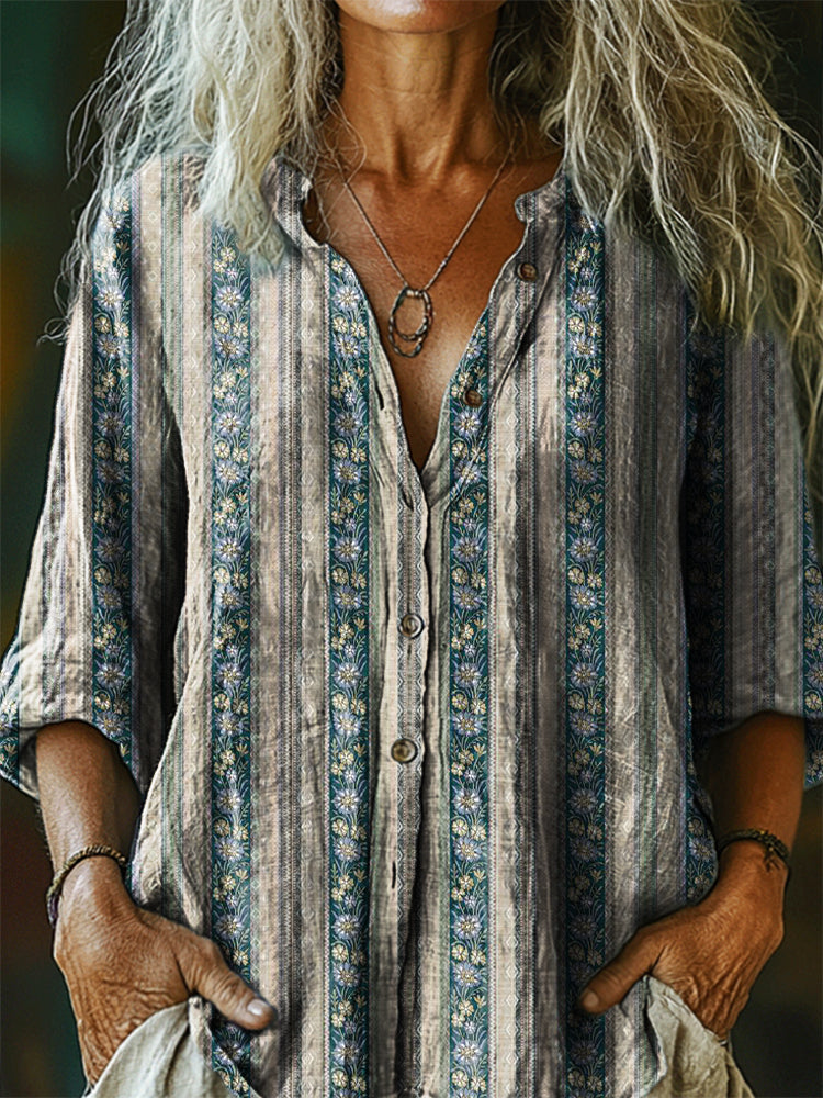 Women's Vintage Ethnic Floral Art Print Casual Cotton Linen Shirt