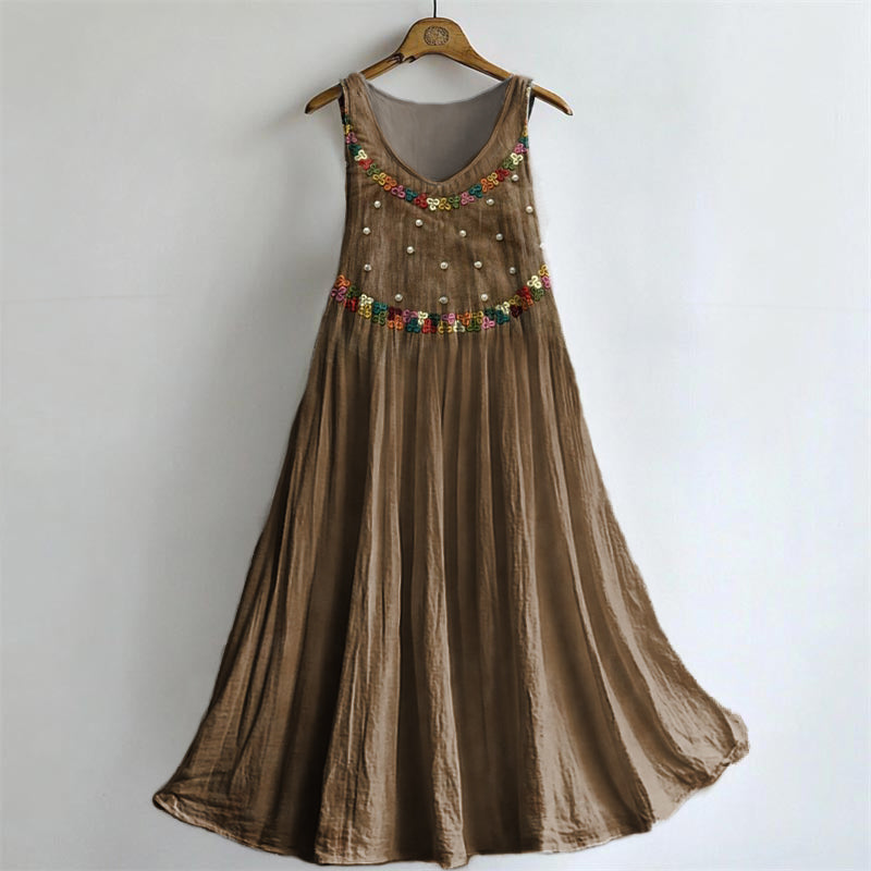 Women's Bohemian Pearl Floral Art Print Crew Neck Sleeveless Cotton Po