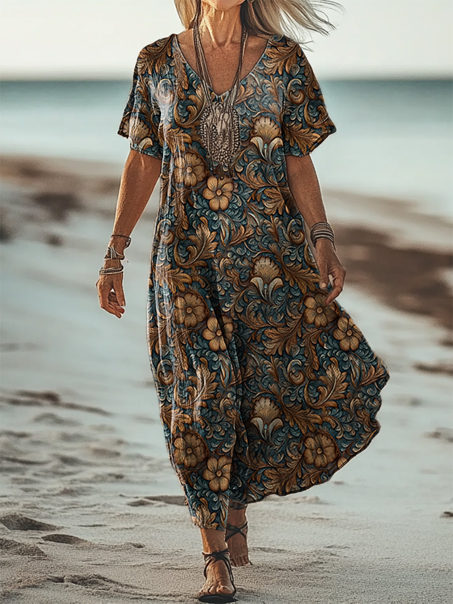 Women's Ethnic Floral Art Patterns Print Short Sleeve Pocket Cotton Li
