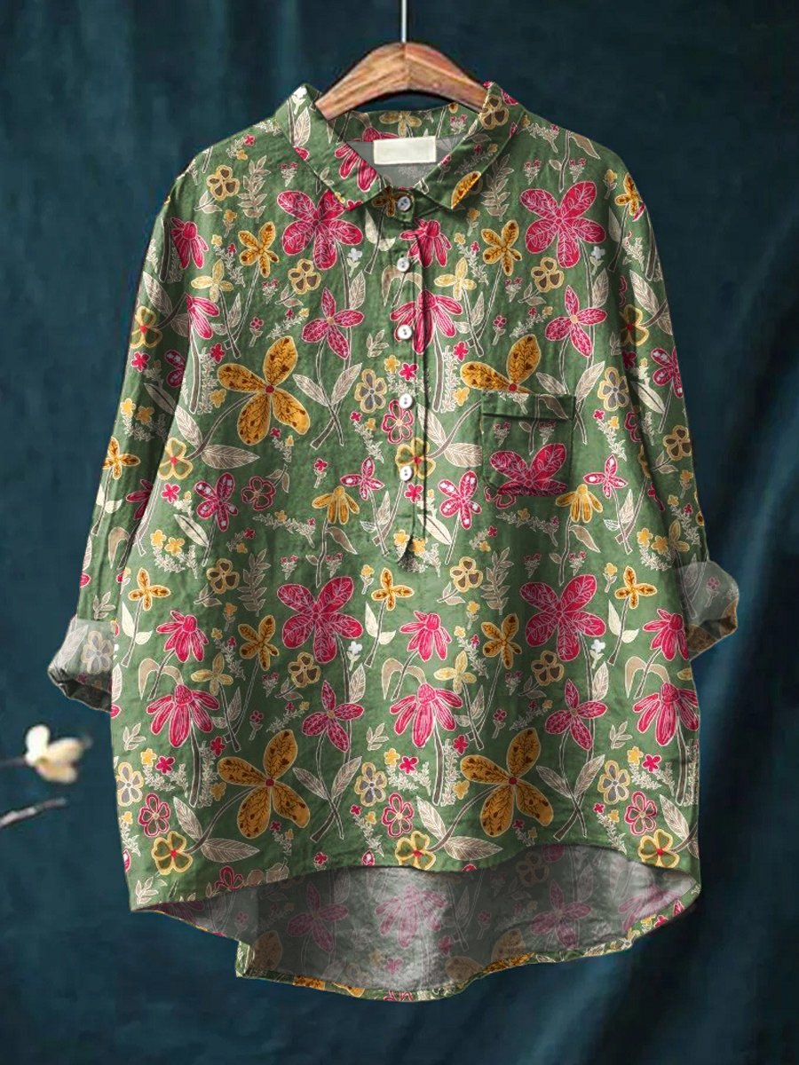Women's Floral Art Print Casual Cotton And Linen Shirt
