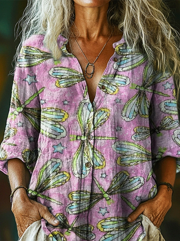 Women's Dragonfly Print Casual Cotton Linen Shirt