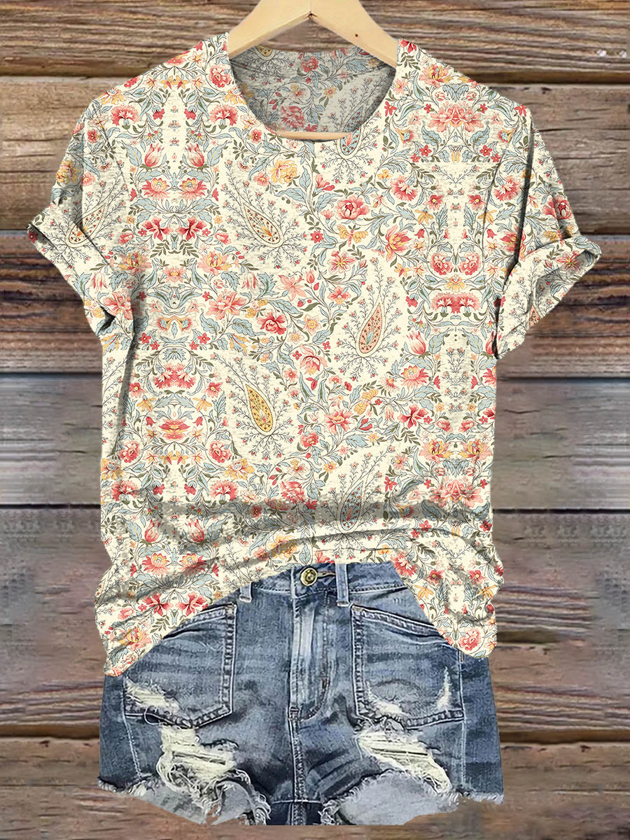 Vintage Paisley Floral Art Print Casaul Short Sleeve T-shirt