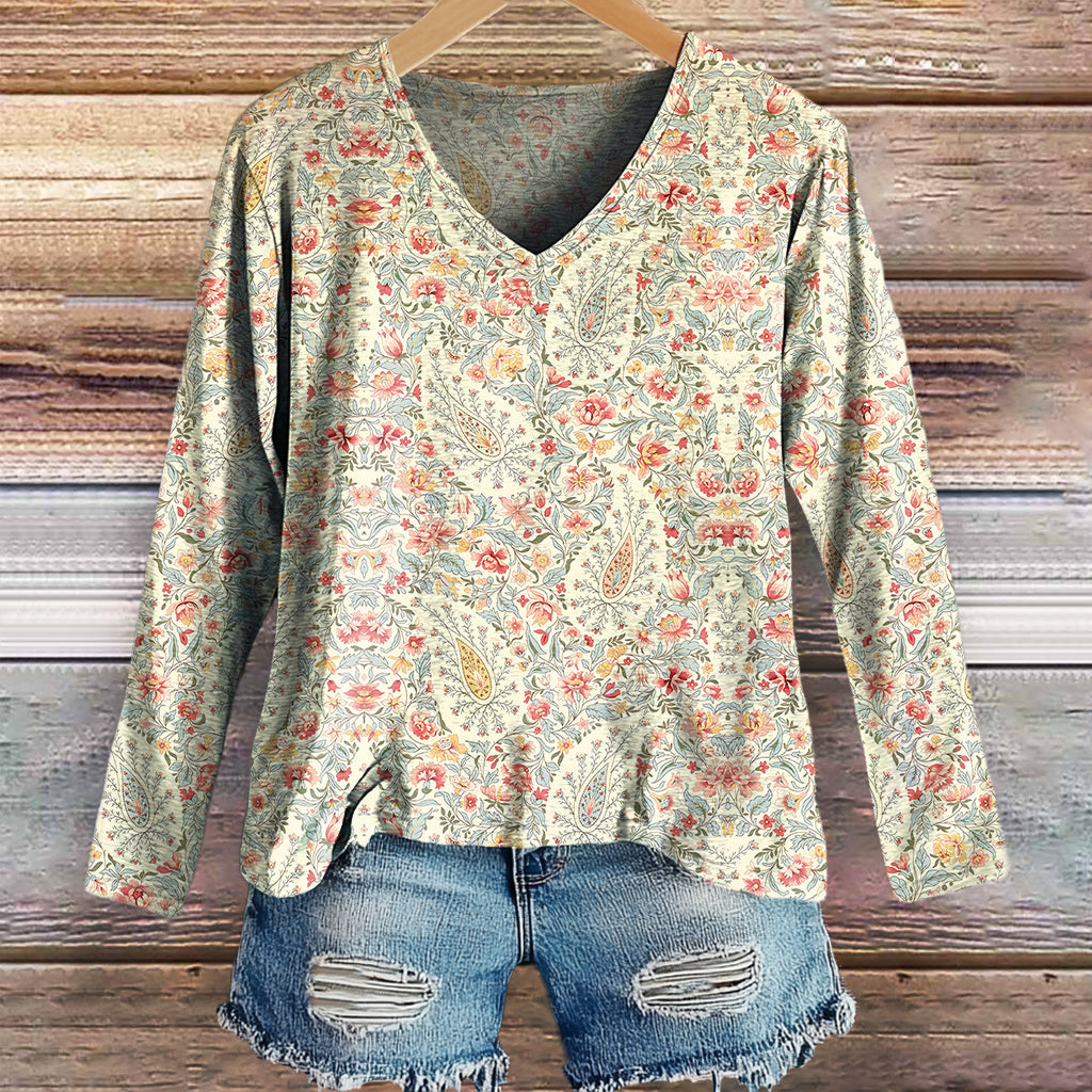 Women's Vintage Paisley Floral Art Print Casual V-neck Long Sleeve T-s