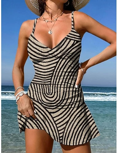 Swimwear One Piece Skirt Swimsuit Vacation Graphic Geometic V Neck Sleeveless Bathing Suits