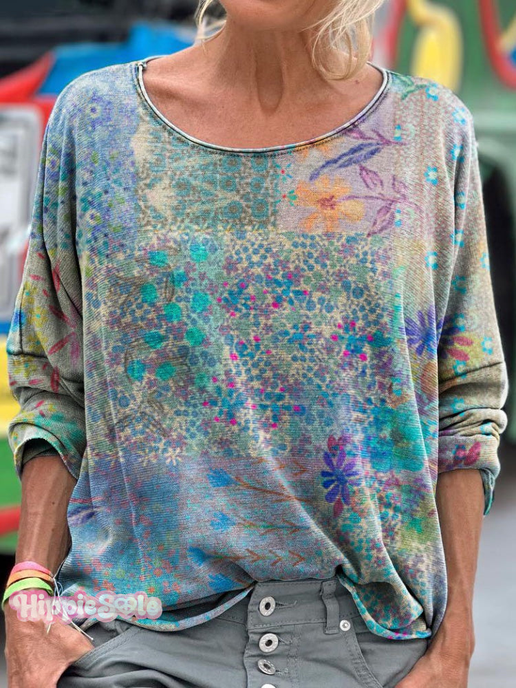 Women's Vintage Floral Art Print Casual Long Sleeve T-Shirt